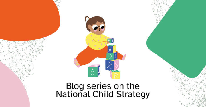 An illustrated toddler builds a tower with blocks. There are colored shapes in the background.