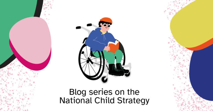 An illustrated child reading a book in a wheelchair. The background has colorful surfaces.