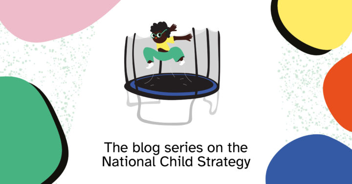 An illustrated black child jumps on a trampoline. The background has colorful surfaces.