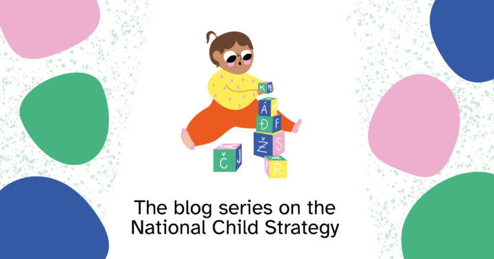 An illustrated toddler builds a tower with blocks. There are colored shapes in the background.