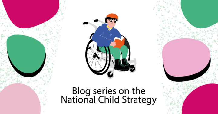 An illustrated child in a wheelchair reading a book. There are colored shapes in the background.