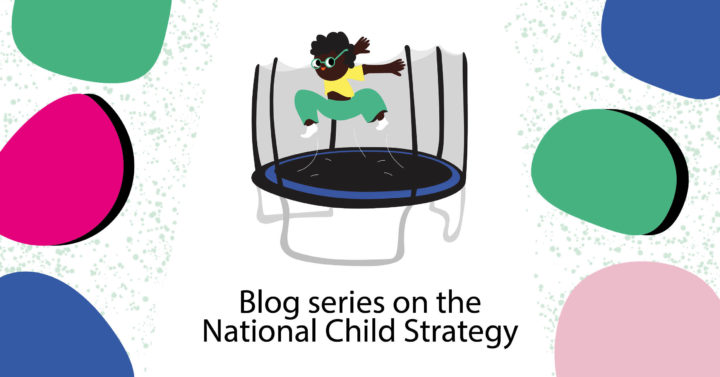 An illustrated black child jumps on a trampoline. The background has colorful surfaces.